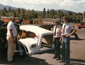 Bernie Betke and two other Western Star employees at the former plant in Kelowna, B.C.